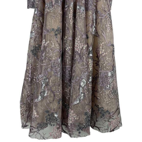 Mac Duggal Embellished High Neck Puff Sleeve A-Line Dress Taupe Size 6 - Picture 10 of 12